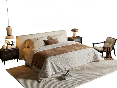Double Bed Interior With Pillows Blanket Nightstands Table Lamps Armchair And Rug 3d model