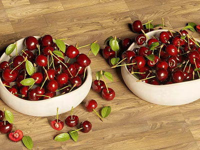 Fresh Cherries in Two Bowls Filled with Red Fruits and Green Leaves on Wooden Floor 3d model