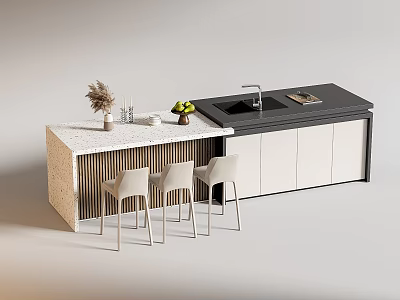 Modern Kitchen Island Counter With White Cabinets Dining Chairs Dried Plants Vase And Fruit Bowl 3d model