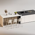 Modern Kitchen Island Counter With White Cabinets Dining Chairs Dried Plants Vase And Fruit Bowl