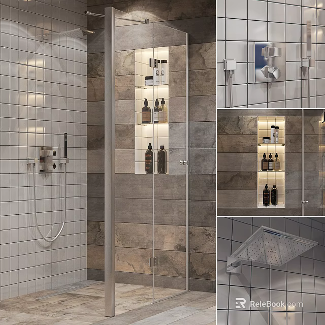 Shower Sauna Interior Design With Modern Tiles Shower Fixtures And Storage Shelves 3d model 