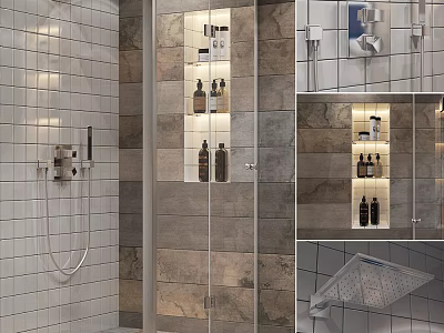 Shower Sauna Interior Design With Modern Tiles Shower Fixtures And Storage Shelves 3d model