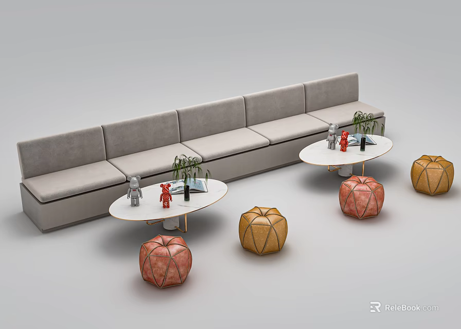 Modern Gray Upholstered Public Bench With Round Tables Plants And Decorative Spherical Stools 3d model 
