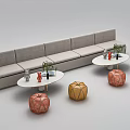 Modern Gray Upholstered Public Bench With Round Tables Plants And Decorative Spherical Stools 3d model