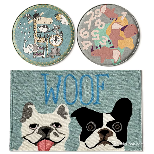 Decorative Round Rugs with Cartoon Animals Numbers and Dog Designs Featuring WOOF Text 3d model 
