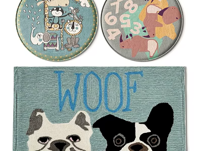 Decorative Round Rugs with Cartoon Animals Numbers and Dog Designs Featuring WOOF Text 3d model