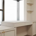 Minimalist Room Interior With Window Desk Shelves And Wooden Cabinets City View