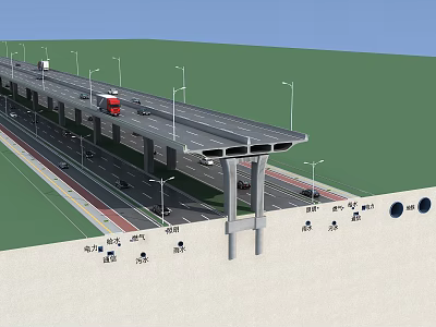 Road Infrastructure Featuring Multi Lane Overpass With Street Lights And Vehicles 3d model