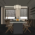 Warm Restaurant Interior With Wooden Dining Table And Large Windows 3d model