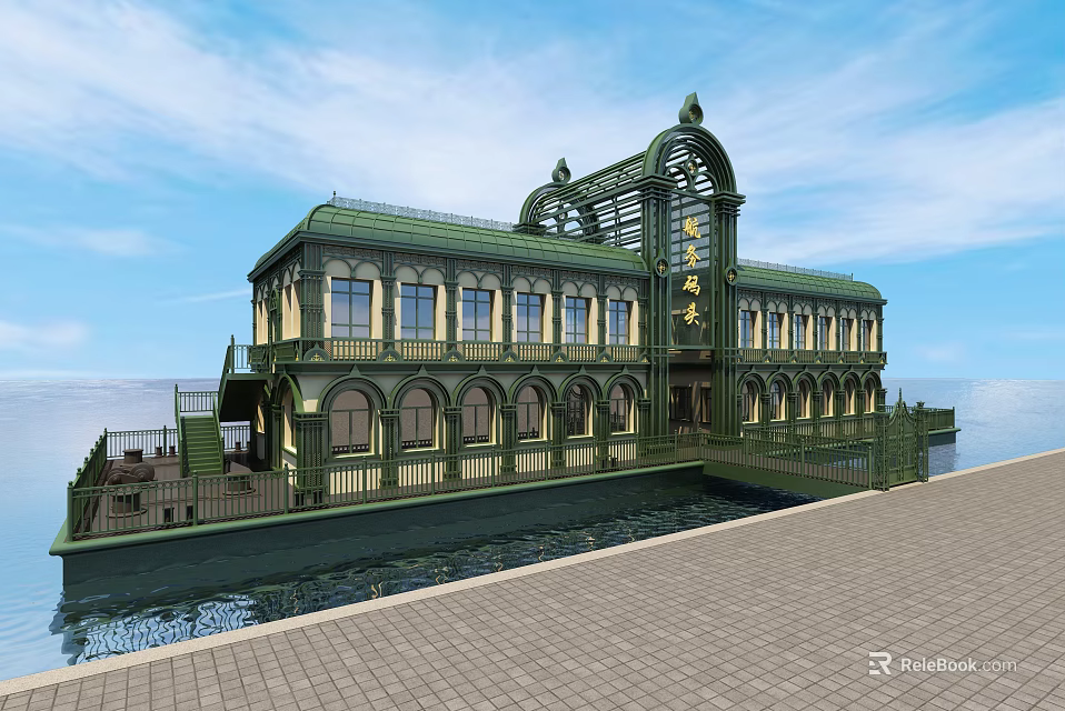 Scenic Classical Building With Green Roof By Waterfront And Blue Sky 3d model 