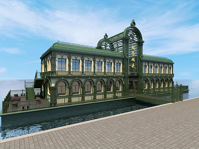 Scenic Classical Building With Green Roof By Waterfront And Blue Sky 3d model