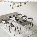 Modern Dining Table Set With Black Tabletop And Black Frame White Cushion Chairs 3d model