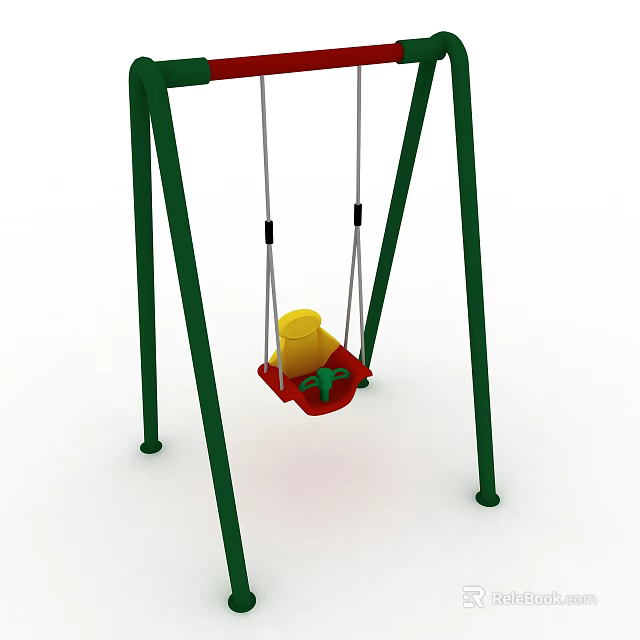 Playground Swing Equipment with Green Metal Frame Red Seat Yellow Bucket and Green Frog Decoration 3d model 