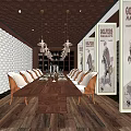 Private Room Interior With Long Dining Table Chairs Chandeliers Wine Racks And Decorative Panels