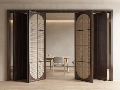 Wooden Folding Doors With Lattice Design Open To Reveal Dining Area 3d model