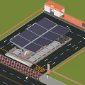 Solar Panel Covered Parking Lot With Bus Building And STOP Sign 3d model