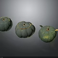 Three Green Pumpkins with Fresh Stems Smooth Surfaces and Natural Texture on Dark Background