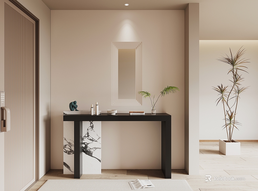 Black Console Table With Black White Pattern Decorative Item Book Mirror And Plant 3d model 