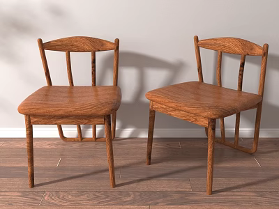 Two Natural Wooden Chairs With Curved Backrest And Solid Wood Seat On Floor 3d model