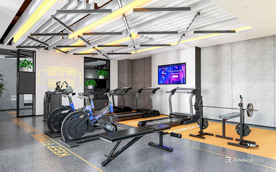 Modern Gym Fitness Area With Treadmills Exercise Bikes Weight Benches TV Screen And GYM Sign 3d model 