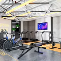 Modern Gym Fitness Area With Treadmills Exercise Bikes Weight Benches TV Screen And GYM Sign
