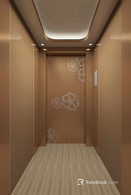 Elegant Elevator Interior With Warm Brown Panels And White Cherry Blossom Designs 3d model 