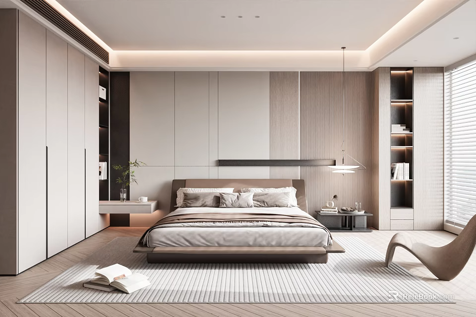 Modern Minimalist Bedroom Interior With Large Bed Light Colored Wardrobe And Wooden Paneled Bedhead Wall 3d model 