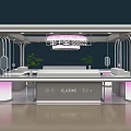 Modern Shopping Mall Lobby Service Desk with Purple Lighting Curved Structure INFO SAFE Signs