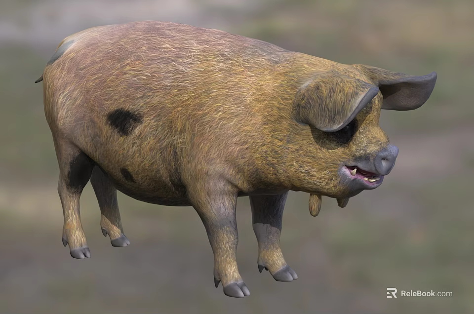 Brown Pig With Black Spots Round Body Large Droopy Ears Open Mouth Stocky Legs 3d model 