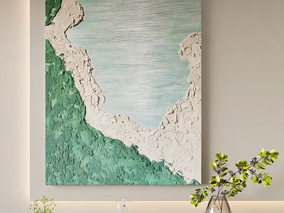 Abstract Wall Painting Green White Textured Artwork Hanging In Modern Room With Potted Plants 3d model