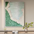 Abstract Wall Painting Green White Textured Artwork Hanging In Modern Room With Potted Plants