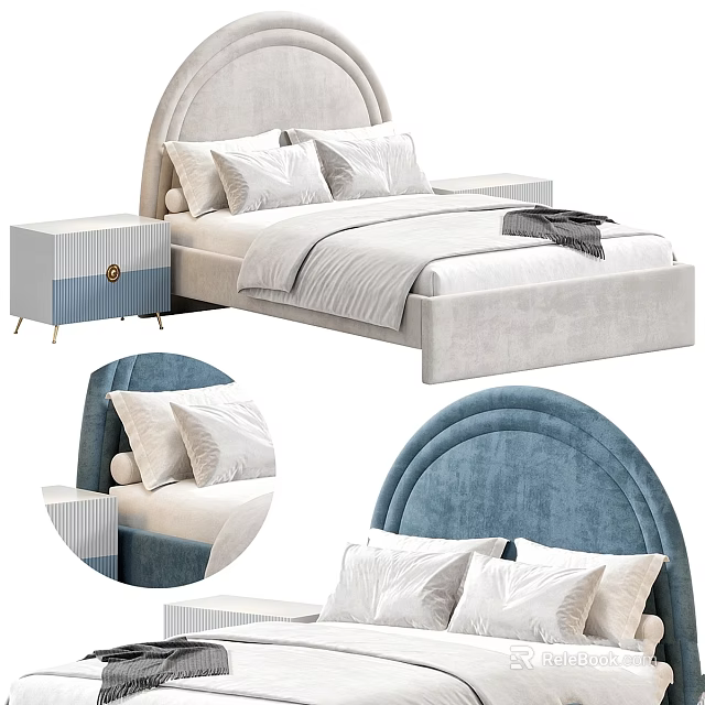 Kids Bed With Arched Headboard Soft Pillows Matching Nightstand Blue Accents 3d model 