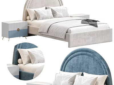 Kids Bed With Arched Headboard Soft Pillows Matching Nightstand Blue Accents 3d model