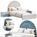 Kids Bed With Arched Headboard Soft Pillows Matching Nightstand Blue Accents