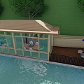 Floating Glass House With Brown Roof Blue Umbrella Trees And Waterfront Deck