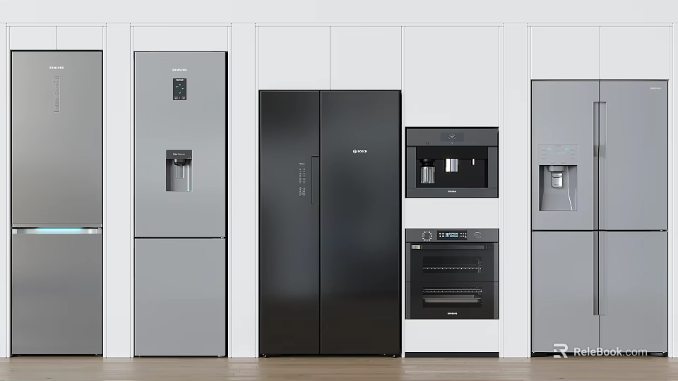 Multiple Modern Fridge Freezers in Kitchen Cabinet Arrangement with Black Gray Colors and Appliances 3d model 