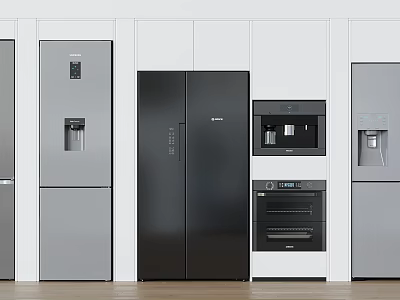 Multiple Modern Fridge Freezers in Kitchen Cabinet Arrangement with Black Gray Colors and Appliances 3d model