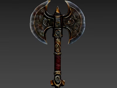 Ornate Fantasy Battle Axe Featuring Metallic Engravings And Red Handle 3d model