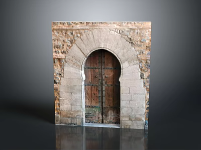 Traditional Arch Wooden Door With Carved Details Set In Rustic Stone Wall Structure 3d model