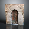 Traditional Arch Wooden Door With Carved Details Set In Rustic Stone Wall Structure