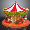 Children Riding Colorful Carousel With Red White Striped Canopy And Golden Decorations