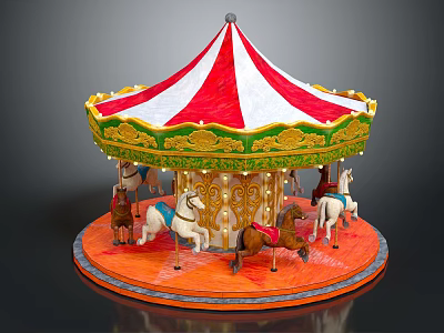 Children Riding Colorful Carousel With Red White Striped Canopy And Golden Decorations 3d model