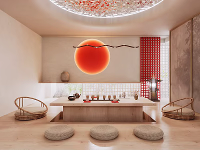 Elegant Tea Room Interior With Red Circular Decor Woven Chairs Wooden Table And Floor Cushions 3d model