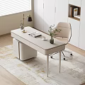 Light Beige Modern Desk with Black Lamp Open Book Potted Plant and Beige Rolling Chair