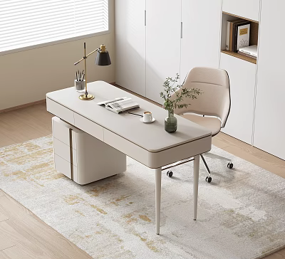 Light Beige Modern Desk with Black Lamp Open Book Potted Plant and Beige Rolling Chair 3d model