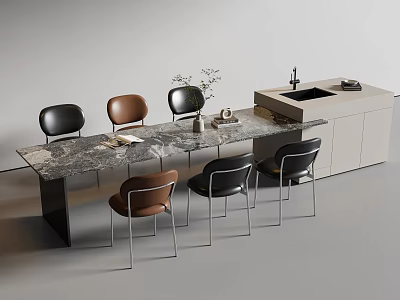 Modern Dining Table and Chairs Set With Marble Countertop Black Brown Chairs And Cabinets 3d model