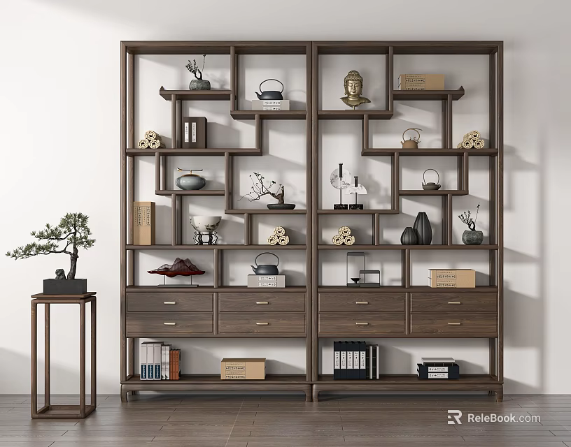 Traditional Chinese Curio Shelf With Decor Tea Sets Books And Bonsai 3d model 