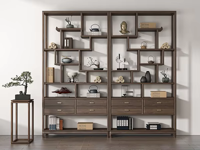 Traditional Chinese Curio Shelf With Decor Tea Sets Books And Bonsai 3d model