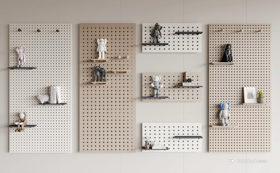 Modern Minimalist Wall Decor with Pegboards Black Shelves and Small Figurines on White Wall 3d model 