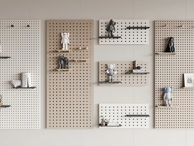 Modern Minimalist Wall Decor with Pegboards Black Shelves and Small Figurines on White Wall 3d model